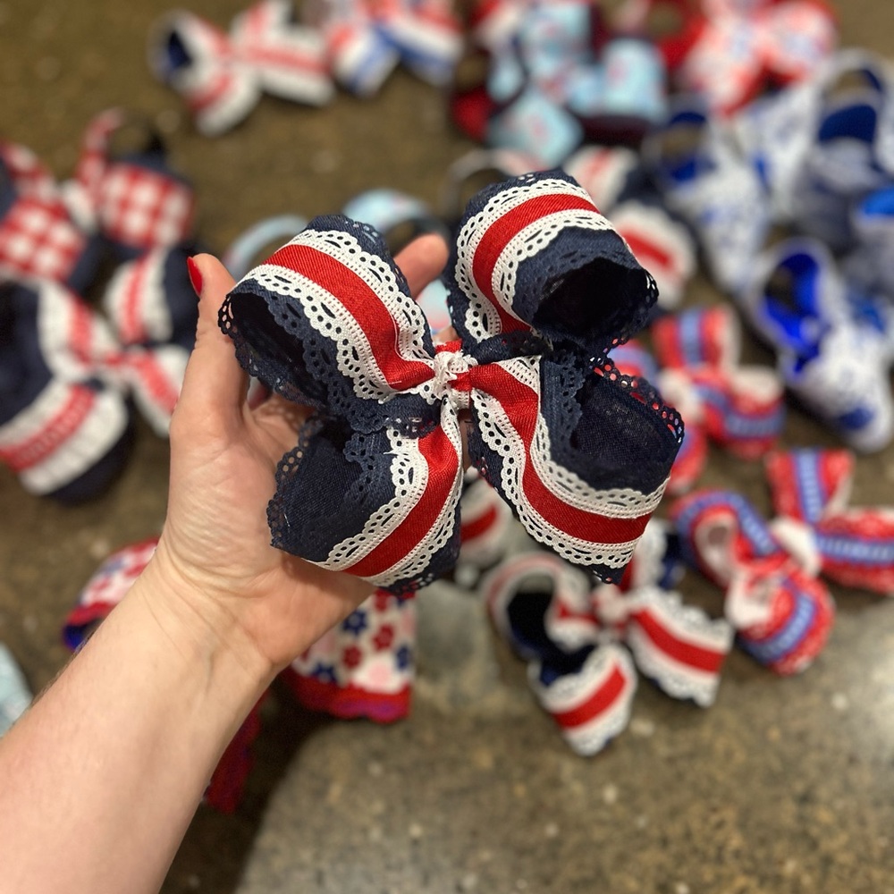 Patriotic Red, White, and Blue Crispy Ribbon Kids Hair Bow 5”